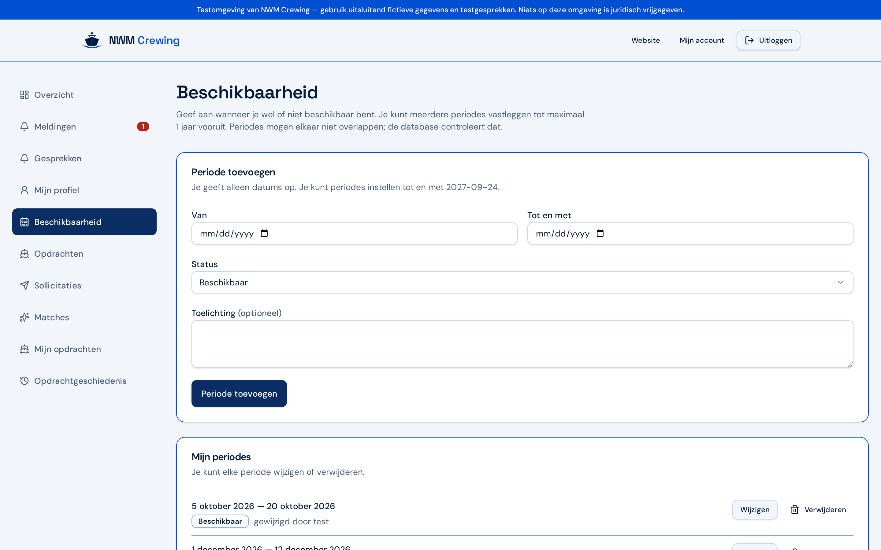Beschikbaarheidspagina met het toevoegen en beheren van periodes