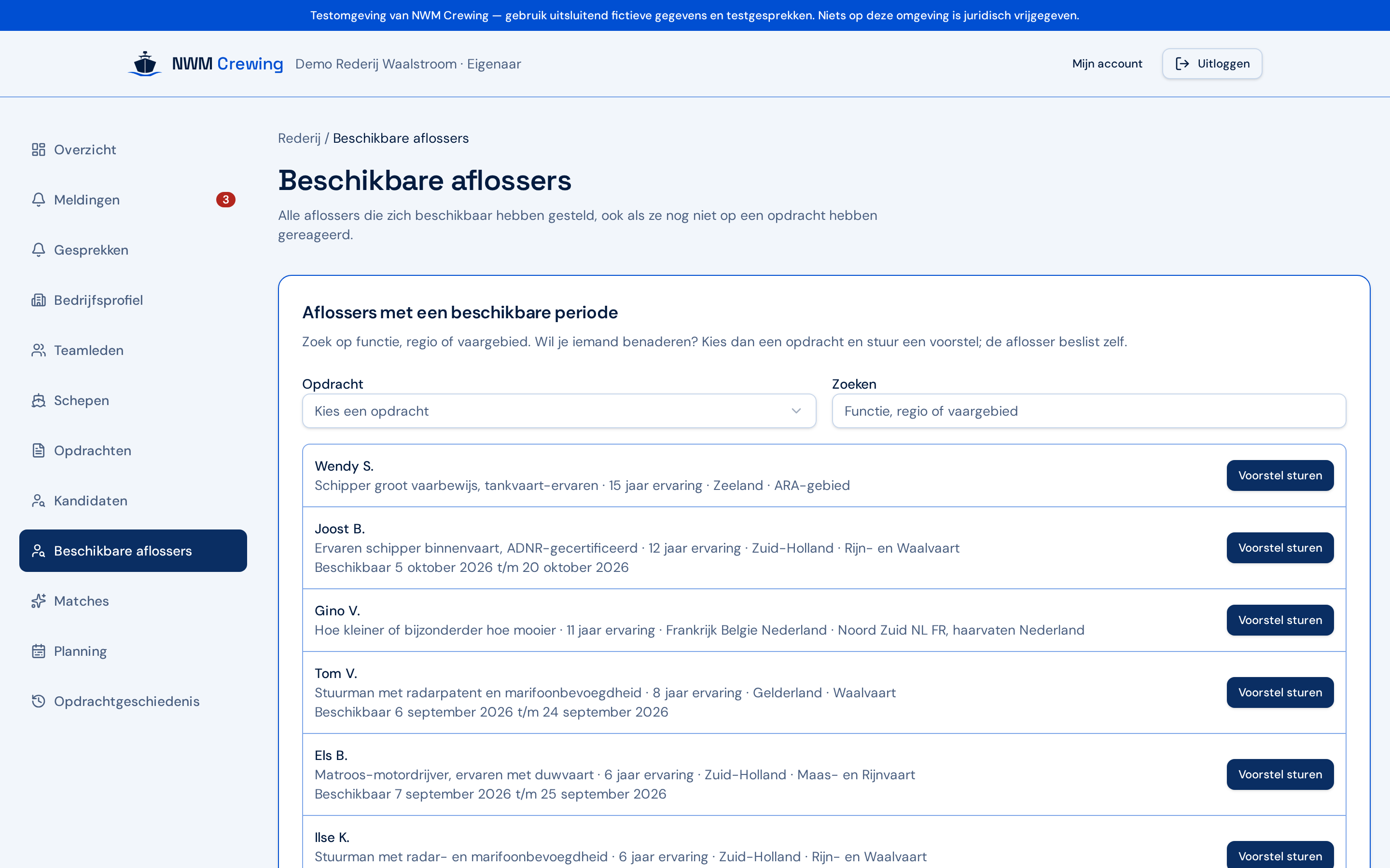 Pagina met beschikbare aflossers en de knop om een voorstel te sturen