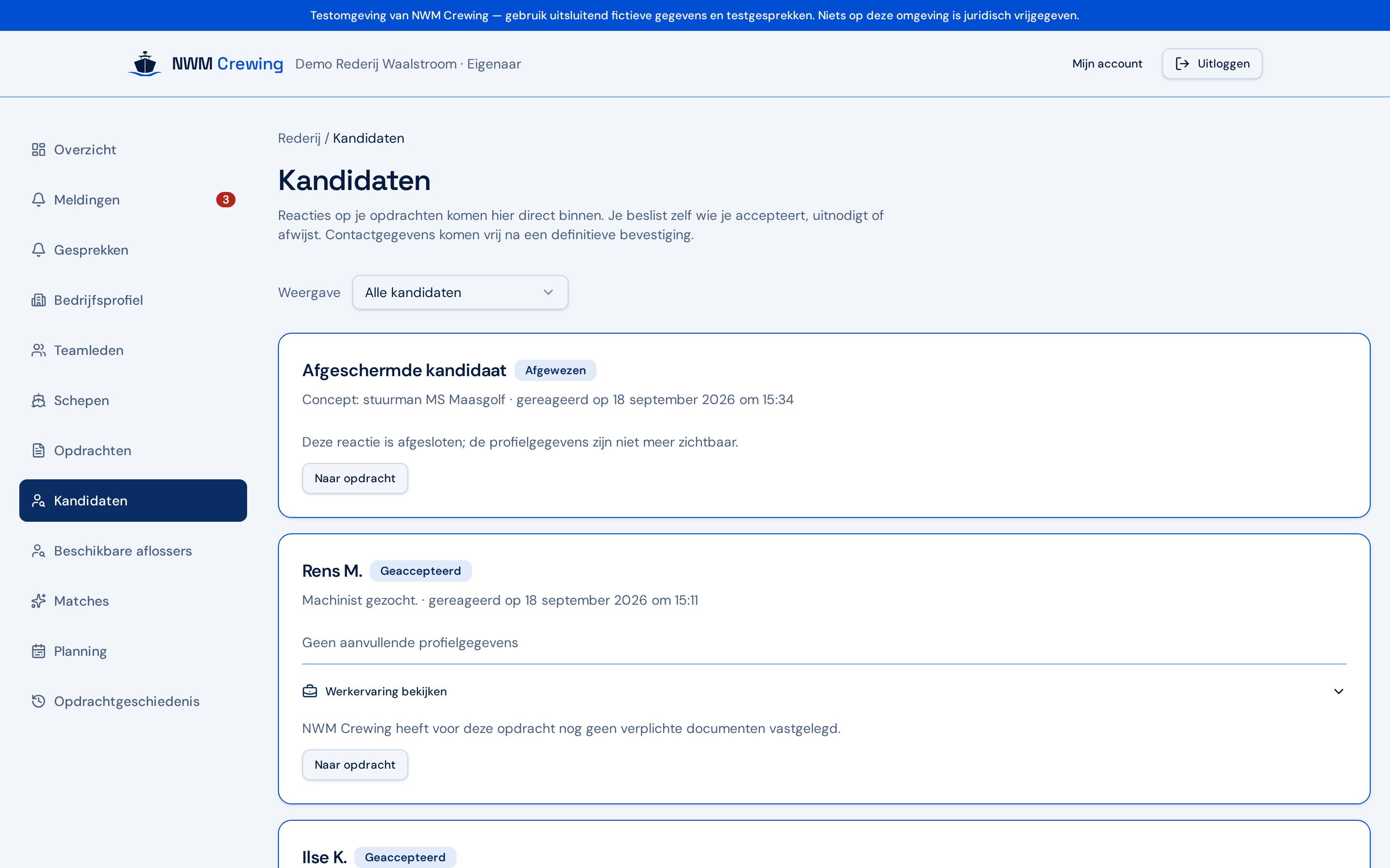 Overzicht van kandidaten bij een opdracht