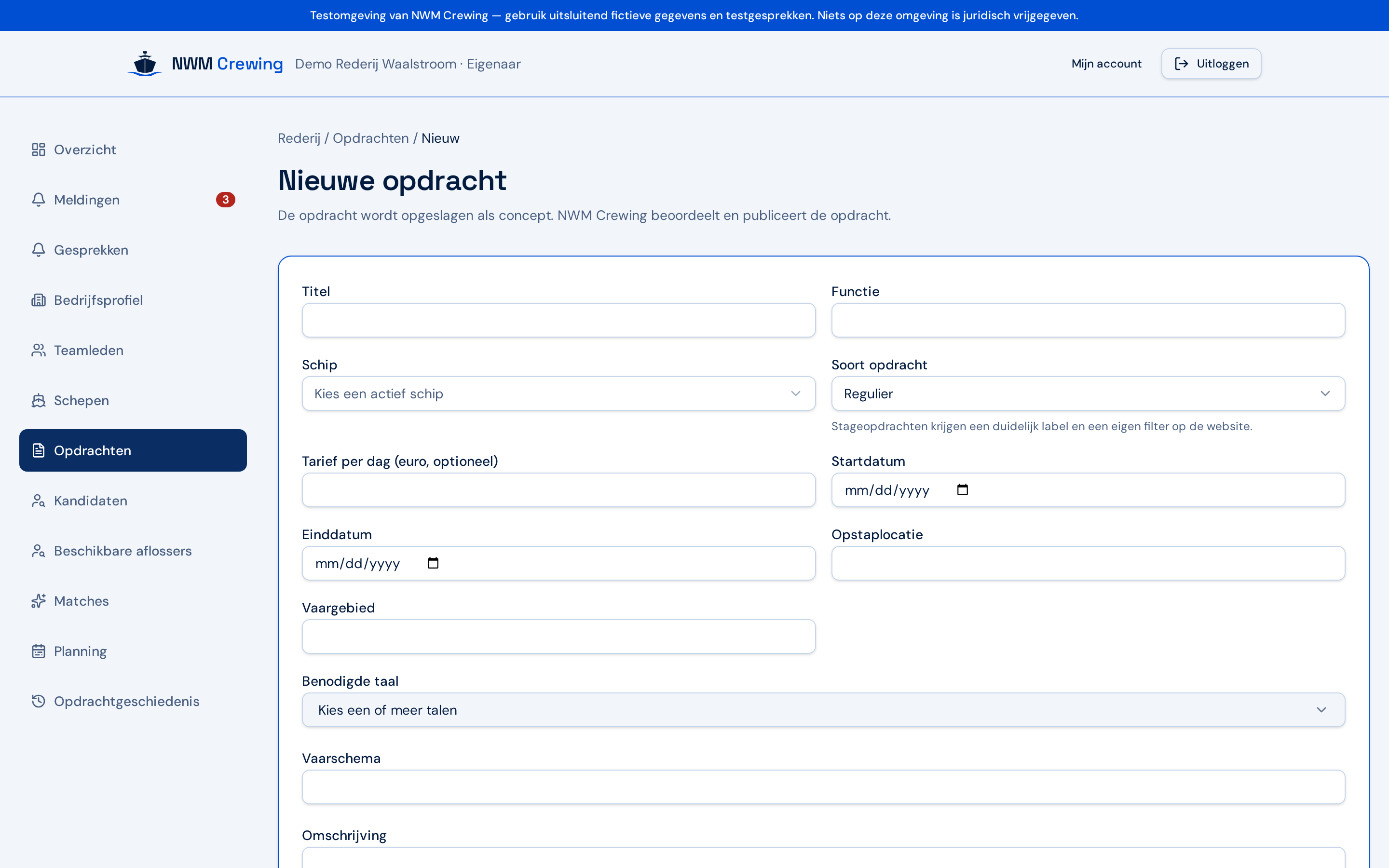 Formulier voor een nieuwe opdracht met velden voor functie, periode, vaargebied en benodigde taal