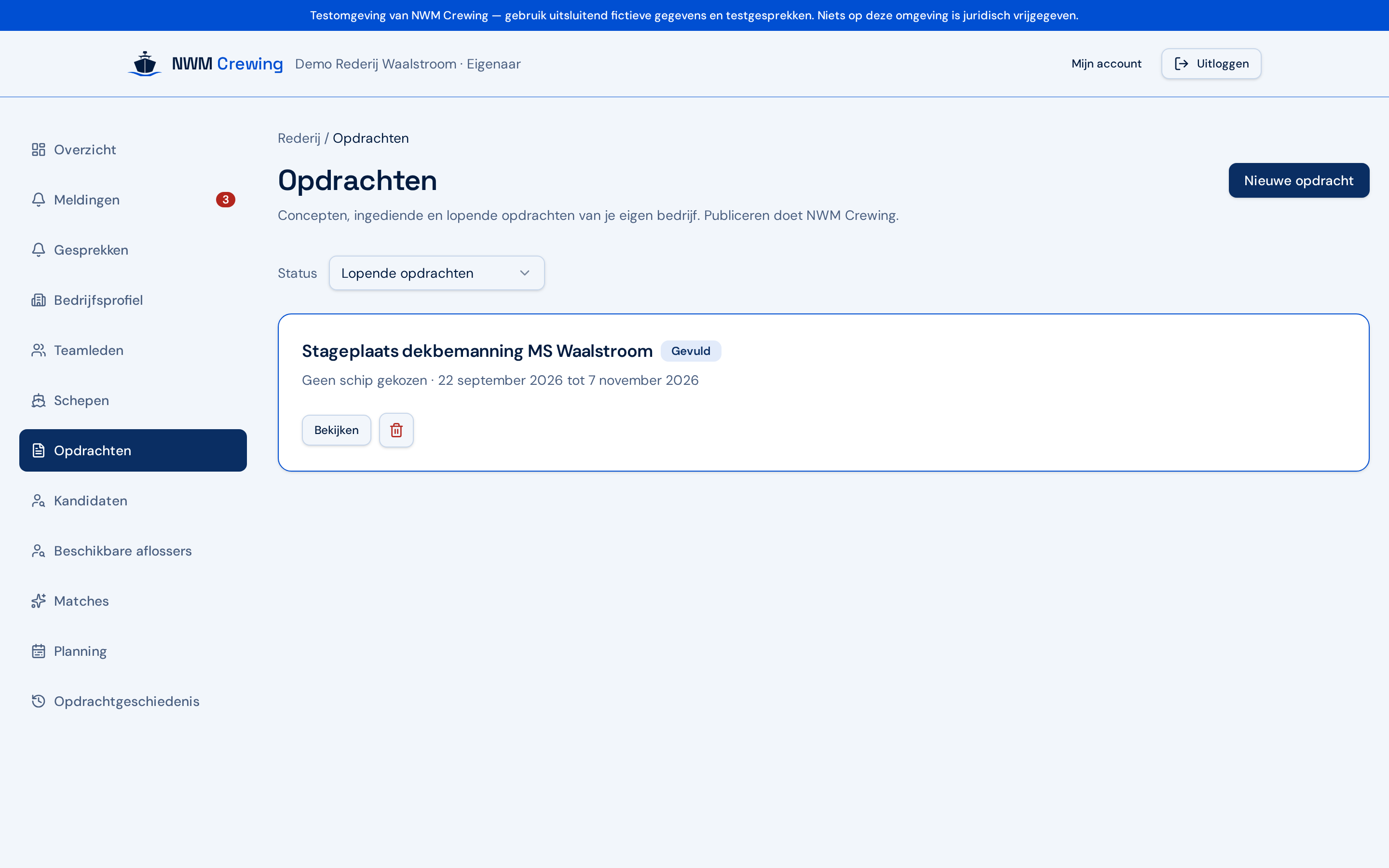 Opdrachtenoverzicht van een rederij met filter op lopende opdrachten